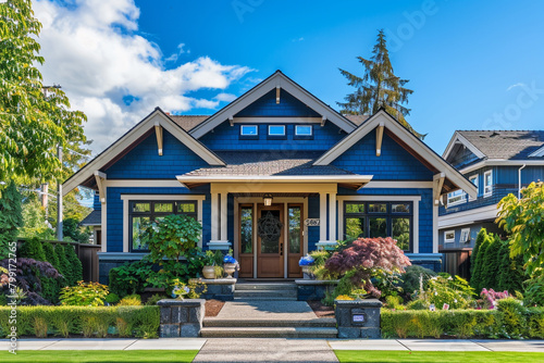 The front facade of a striking cobalt blue cottage craftsman style house, with a triple pitched roof, manicured landscaping, a welcoming sidewalk, and exceptional curb appeal. photo