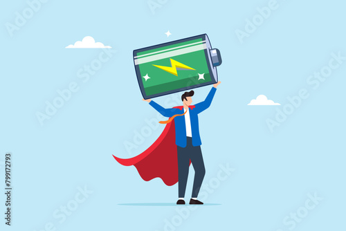 Businessman superhero carry fully charged recharge battery, illustrating fully energized and ready to work. Concept of replenishing energy level, refreshing from exhaustion, and recovery from burnout