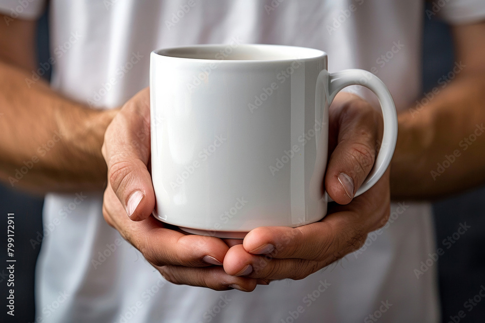 Hands Gently Hold a Blank White Mug as a mockup Hands Gently Hold a Blank White Mug as a mockup