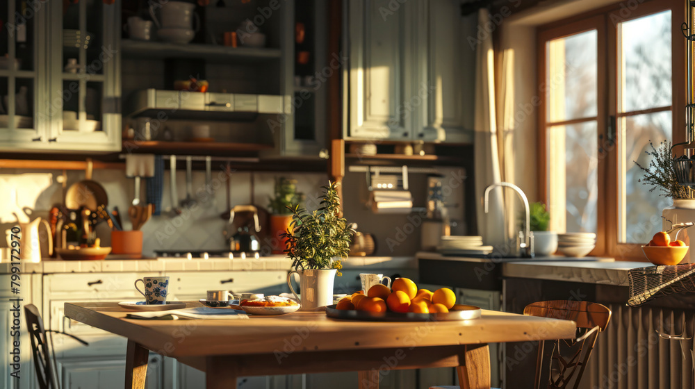 Cozy kitchen interior with white furniture and dining table. Cozy kitchen interior with white furniture and dining table.