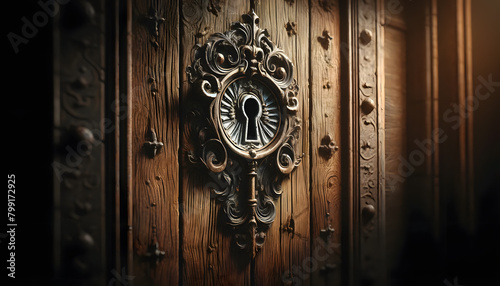 an ancient wooden door with a large, ornate iron keyhole at its center, appearing aged and weathered photo