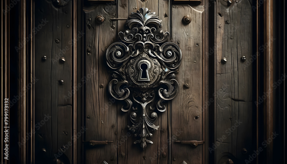 an ancient wooden door with a large, ornate iron keyhole at its center, appearing aged and weathered an ancient wooden door with a large, ornate iron keyhole at its center, appearing aged and weathered