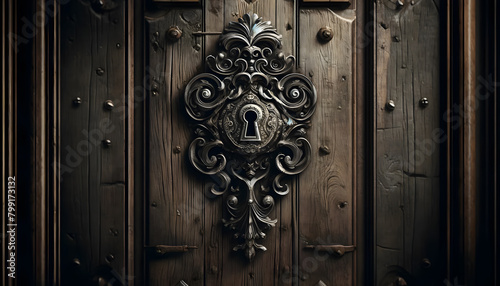 an ancient wooden door with a large, ornate iron keyhole at its center, appearing aged and weathered