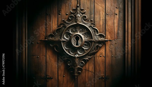 an ancient wooden door with a large, ornate iron keyhole at its center, appearing aged and weathered