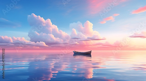 As evening descends, the sky is painted in soft pastel tones, casting a tranquil glow over the solitary boat anchored by the serene coastline