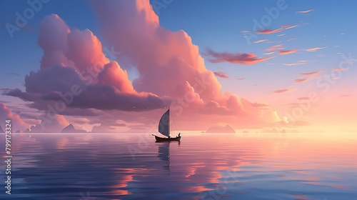 As evening descends, the sky is painted in soft pastel tones, casting a tranquil glow over the solitary boat anchored by the serene coastline photo