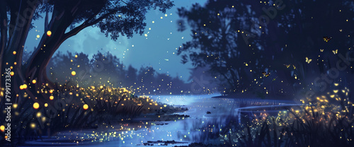 Liquid fireflies dance in the moonlight, painting the world with their soft, radiant glow.