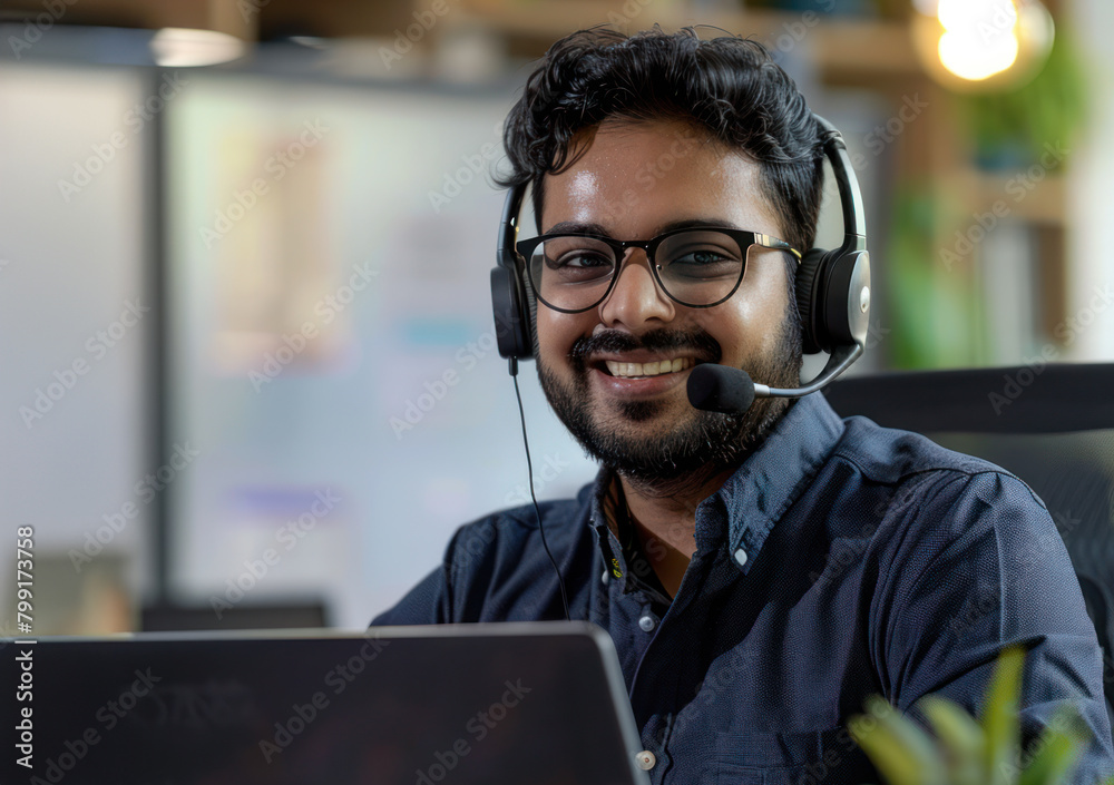 Happy call center agent wearing headset talking to client working in customer support office. Professional contract service telemarketing operator using laptop having conversation.