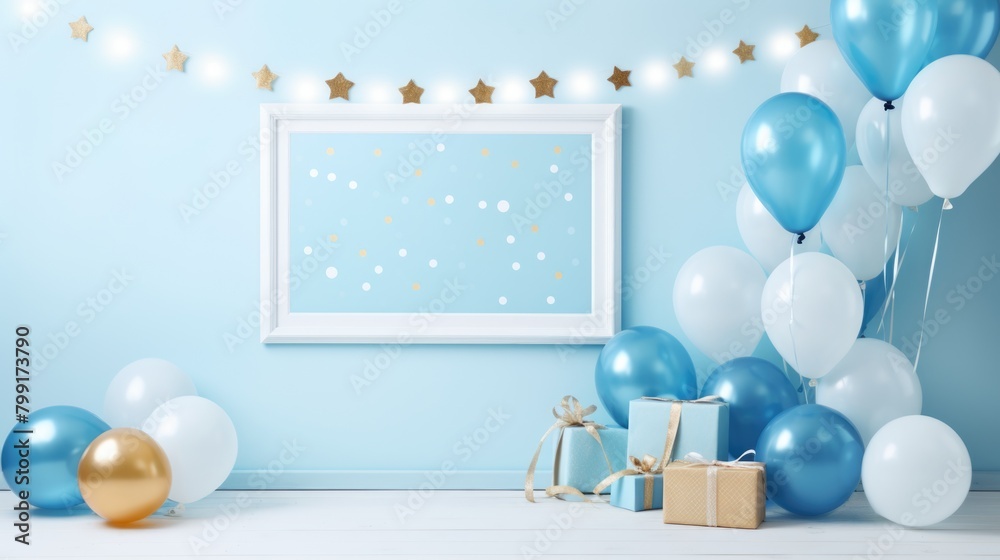 blue balloon birthday party frame, ai