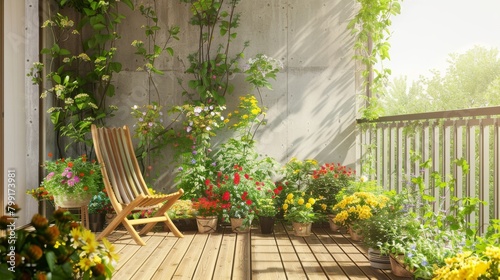 Sunny balcony retreat with lush flowers and a relaxing wooden chair