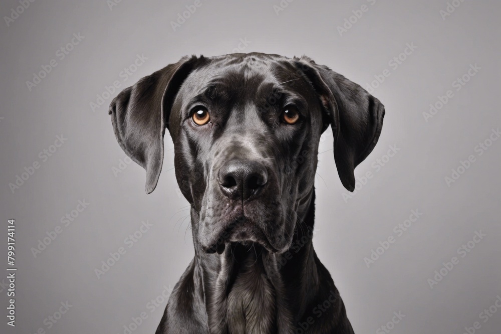 Portrait of Great Dane dog looking at camera, copy space. Studio shot.