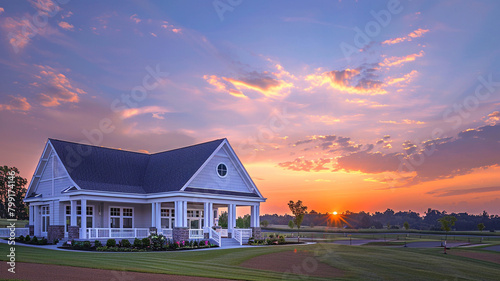 Tranquil sunset setting over a newly built clubhouse with a white porch and gable roof with semi-circle window.