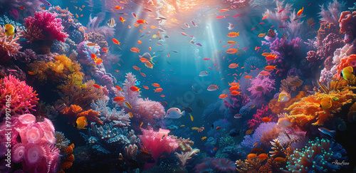 A vibrant coral reef teeming with colorful fish and marine life, showcasing the beauty of underwater worlds. The background is a deep blue ocean. Created with Ai