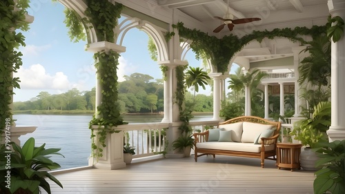  A photorealistic depiction of a colonial-style porch by the riverside, adorned with lush tropical plants. The porch features classic colonial architecture with detailed wooden pillars, a comfortable 