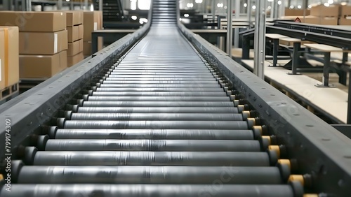 Empty industrial roller conveyor belt in automated factory for moving heavy goods. Concept Industrial Automation, Conveyors in Manufacturing, Factory Machinery, Heavy Goods Handling