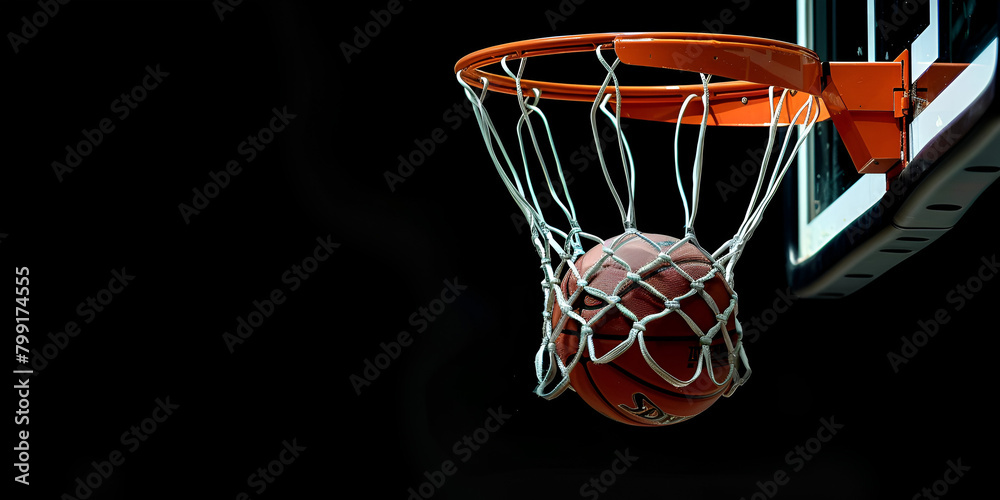 Basketball in hoop isolated on black background