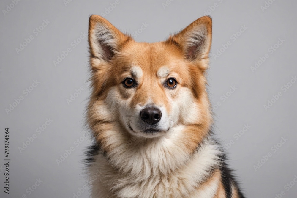 Portrait of Icelandic Sheepdog dog looking at camera, copy space. Studio shot. Portrait of Icelandic Sheepdog dog looking at camera, copy space. Studio shot.