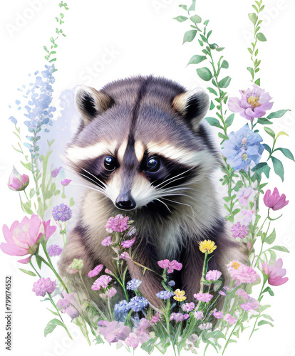 Cute raccoon in flowers. Watercolor print.