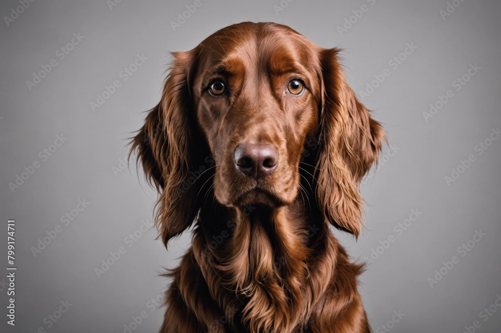 Portrait of Irish Setter dog looking at camera, copy space. Studio shot.