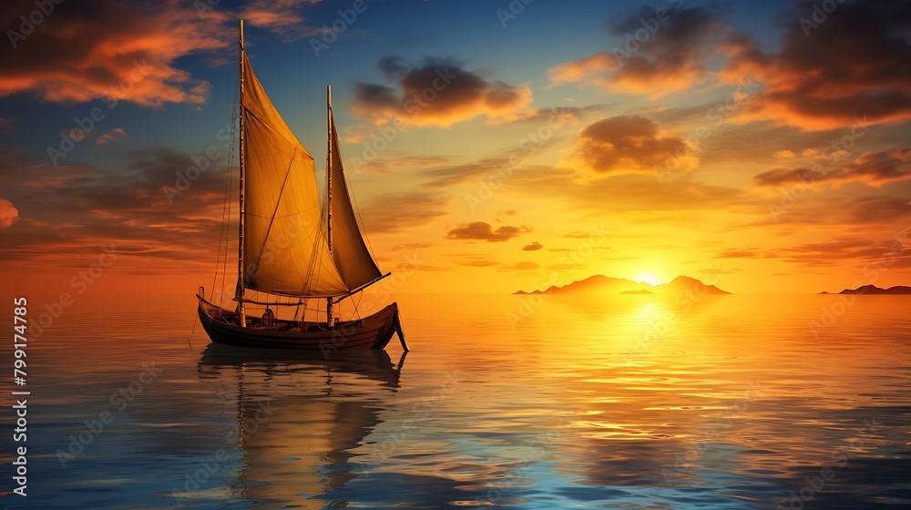 A tranquil evening descends as the sun sets over the horizon, casting a golden glow on the solitary boat anchored by the serene seaside