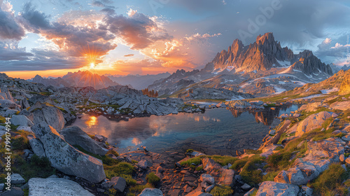 A breathtaking mountain landscape at sunrise, with the golden light of the sun casting on snowcapped peaks and reflecting in a crystal clear stream flowing through lush green meadows. Created with Ai © Stock