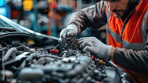 repairman hands repairing a car engine automotive workshop with a wrench, Automobile mechanic car service and maintenance, Repair service	 photo