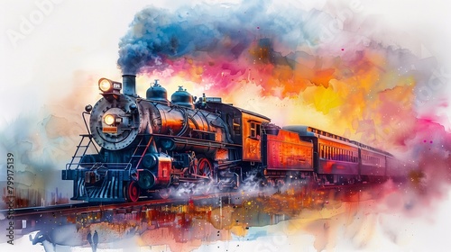 Retro train, watercolor illustration © Nataliia