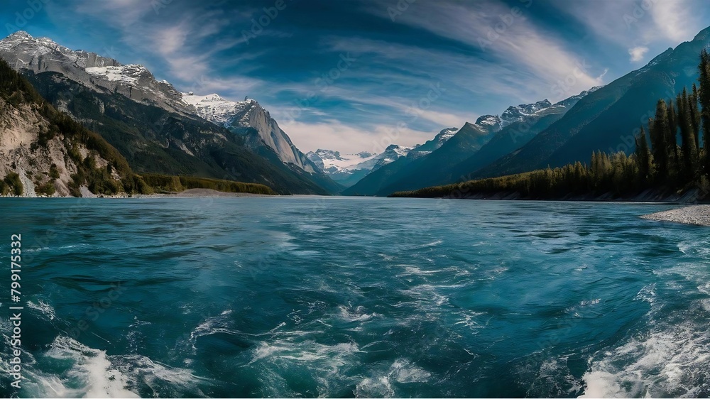 A breathtaking panoramic photo of a vast, crystal-clear river flowing between towering, snow-capped mountains.