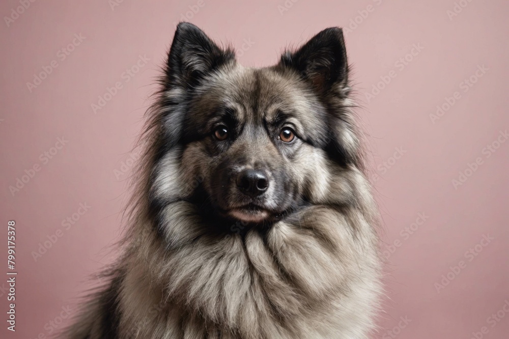 Portrait of Keeshond dog looking at camera, copy space. Studio shot.