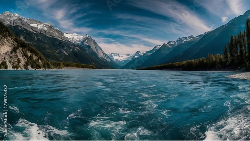 A breathtaking panoramic photo of a vast, crystal-clear river flowing between towering, snow-capped mountains.