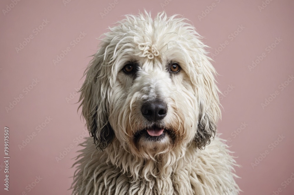 Portrait of Komondor dog looking at camera, copy space. Studio shot.