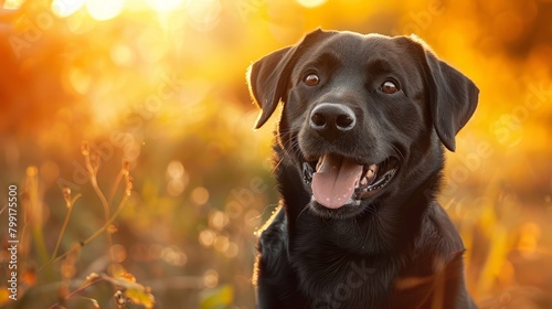 The image shows a cute black Labrador Retriever sitting in a field of yellow flowers photo
