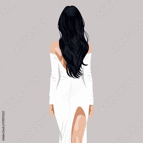 Vector flat fashion illustration of a beautiful sexy bride in an elegant wedding dress with a bare back and shoulders, and a slit on the leg. Back view.
