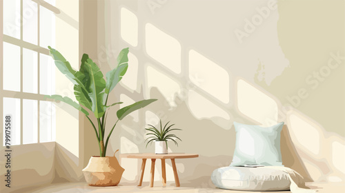 Table with houseplant and soft cushions near sunlight 