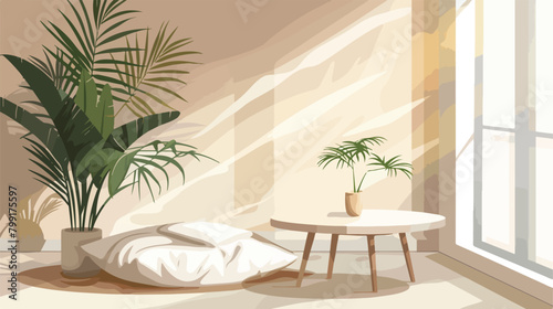 Table with houseplant and soft cushions near sunlight 