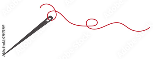 Sewing needle with a long red thread. Vector needle and red thread icon on a white background. Vector illustration.