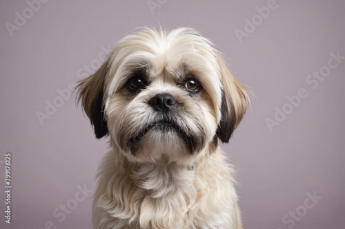 Portrait of Lhasa Apso dog looking at camera, copy space. Studio shot.