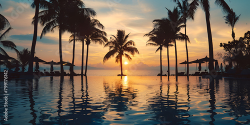 Beautiful tropical beach at sunrise Tropical beach with palm trees and beautiful sky Travel tourism vacation concept background