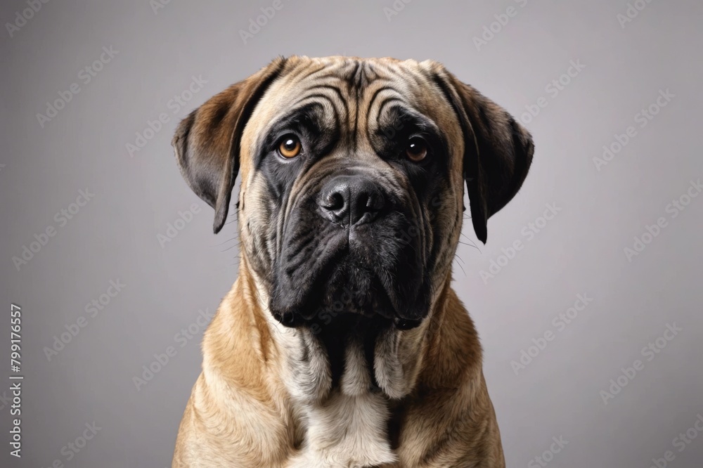Portrait of Mastiff dog looking at camera, copy space. Studio shot. Portrait of Mastiff dog looking at camera, copy space. Studio shot.