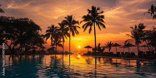 Beautiful tropical beach at sunrise Tropical beach with palm trees and beautiful sky Travel tourism vacation concept background