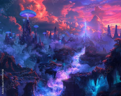 Surreal elements paint technicolor dreams in this fantasy landscape.