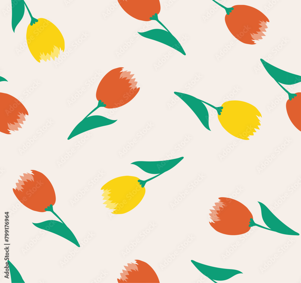 Fototapeta premium Abstract floral seamless pattern. Botanical print in retro pastel colors. Groovy yellow and red tulips flowers on a beige background. Vector illustration for wrapping paper, textiles 