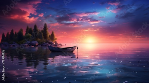 The peaceful ambiance of twilight envelops the scene, with the solitary boat resting quietly by the shore as the sky transforms into a canvas of vibrant hues photo