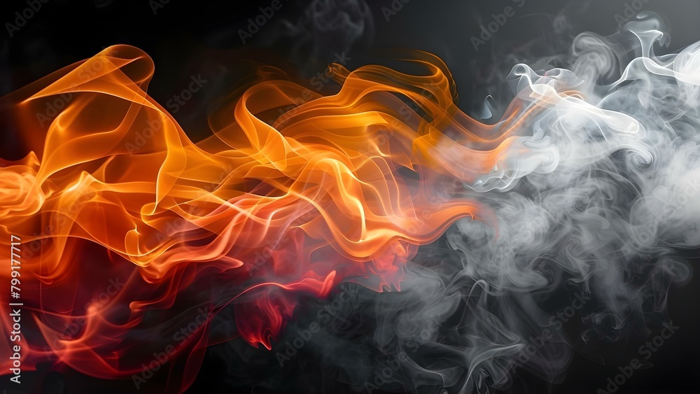 AI-Generated Abstract Orange, Black, and White Background with Colorful Glowing Waves and Smoke on Dark Studio Table. Concept Abstract, Orange, Black, White Background, Colorful, Glowing Waves