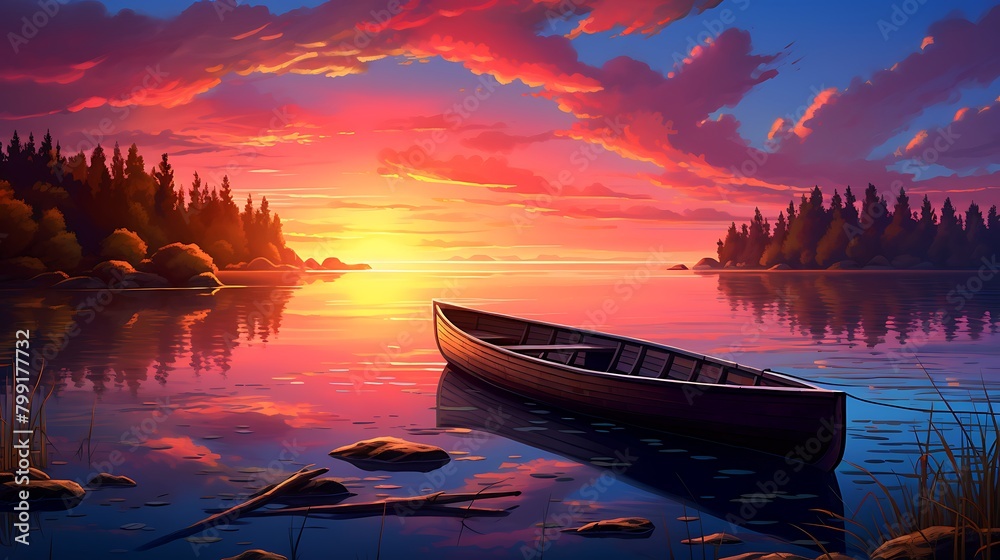 The peaceful solitude of dusk envelops the scene, with the solitary boat gently swaying by the shore as the sun sets in a blaze of colors