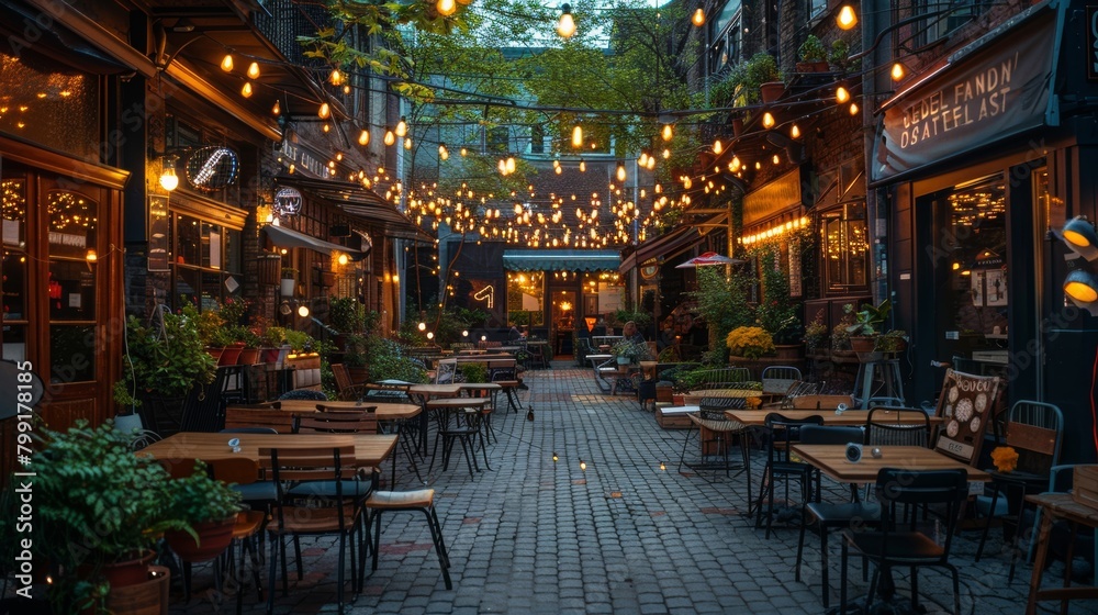 Cozy Evening Cafe Terrace Lit by Solar-Powered Lamps - Sustainable Urban Lifestyle Concept