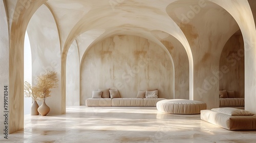 A minimalist room with arches and seating areas © Nataliia