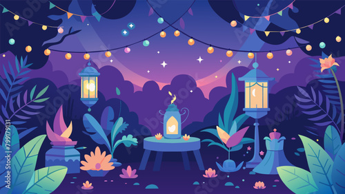 A mystical and enchanted garden party with fairy lights lanterns and floral arrangements creating a dreamy and magical ambiance.