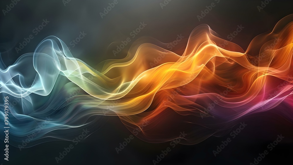 Abstract beige black white background with colorful glowing waves and smoke on dark black studio table AI generative technology concept. Concept Abstract Art, Beige Black White, Colorful Waves