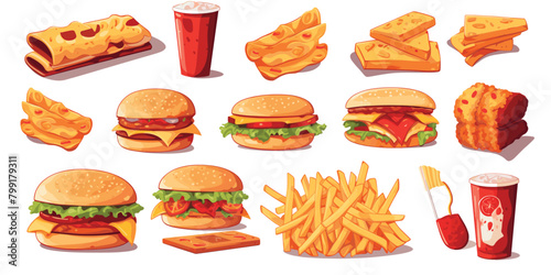 Adobe Colorful Fast Food Vectors Including Burgers  Fries  and Drinks  Perfect for Culinary Graphics and Gastronomy WebsitesIllustrator Artwork